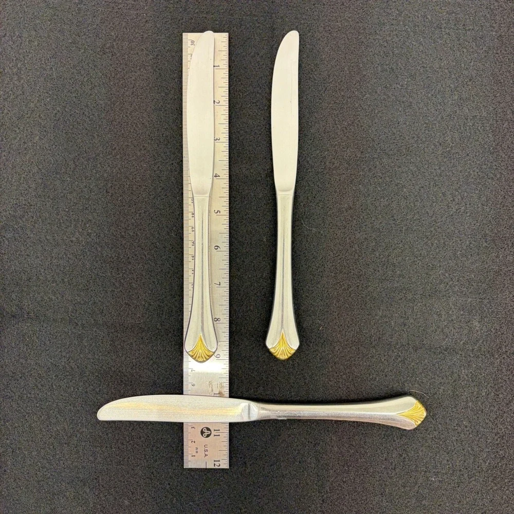 Set of 7 Yamazaki Cara‎ Gold Accent Stainless Table Knives Dining Flatware Japan
